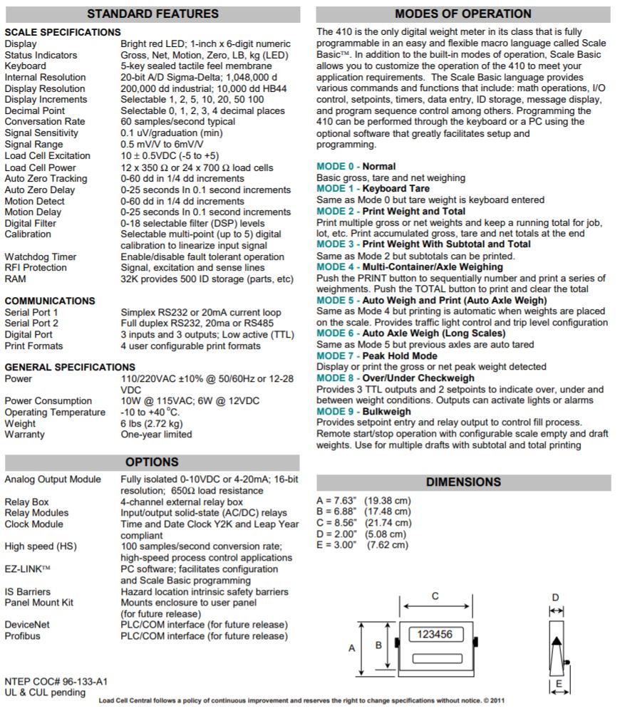 410 specification sheet